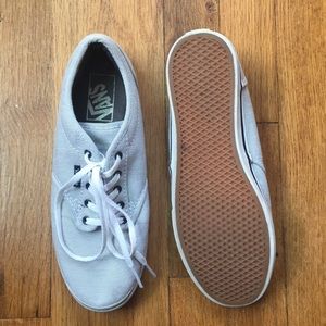 Navy blue and white striped Vans